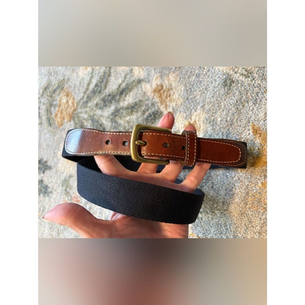 Vintage‎ Lands' End USA Made Black Canvas Belt Leather Solid Brass 38
